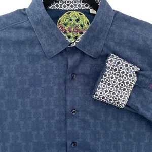 Robert Graham Flip Cuff Blue Large Damask Button Up Shirt Men's Large FLAW